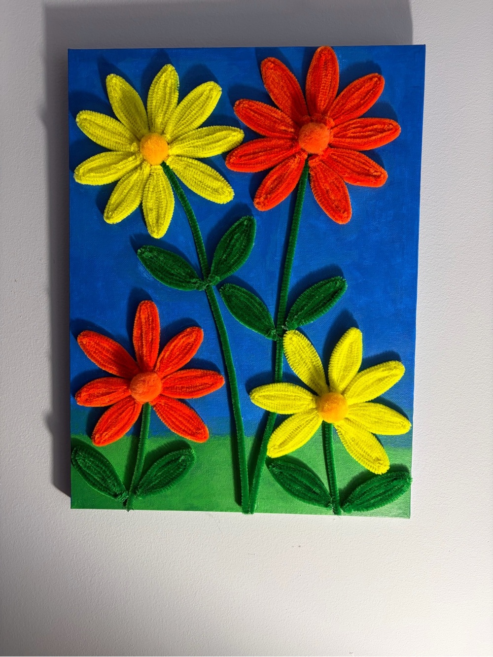 Vibrant 3D Daisy Canvas Art - Yellow & Orange Flowers on Blue
